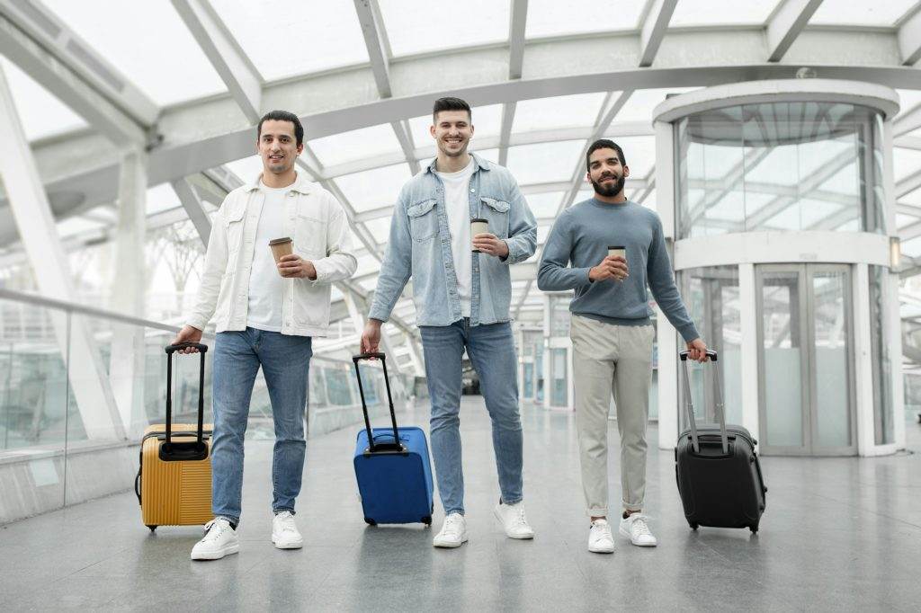 Three Tourists Men Walking With Travel Suitcases In Airport Indoors