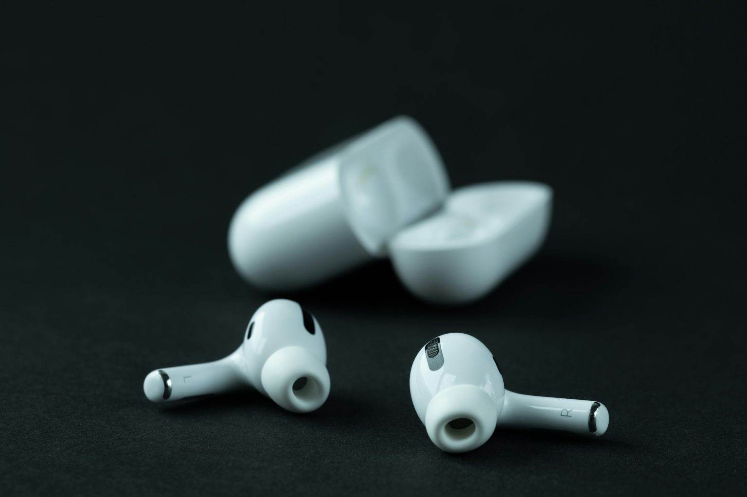Closeup shot of white wireless earphones