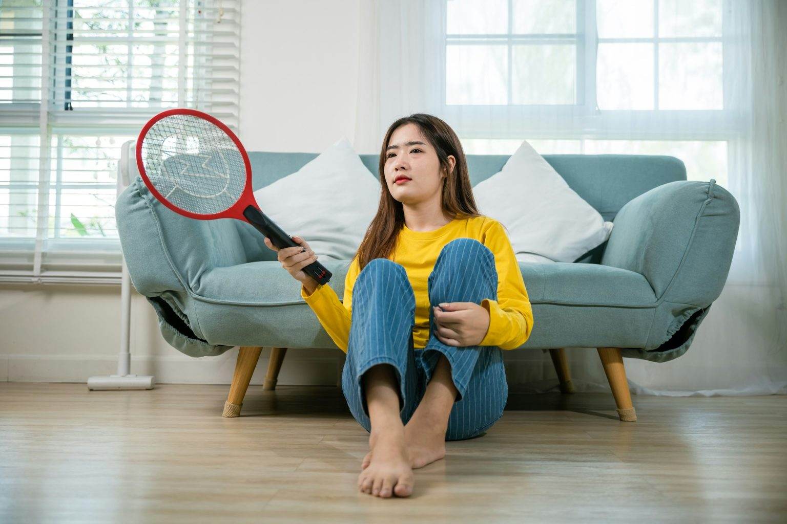 woman sitting floor using mosquito swatter or electric net racket