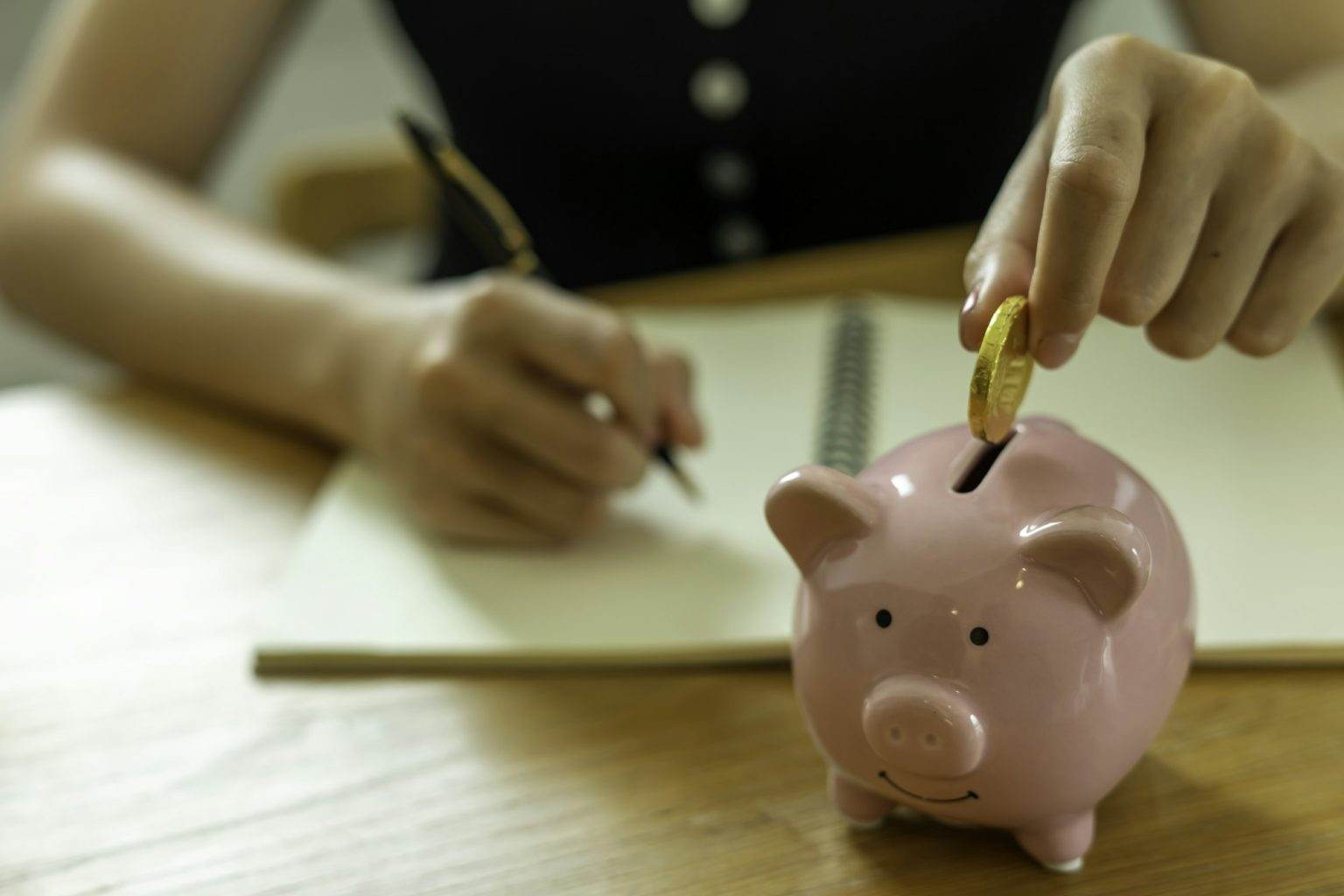 Women put coin money into piggy banks and make income and expenditure accounts to save money. Keep i