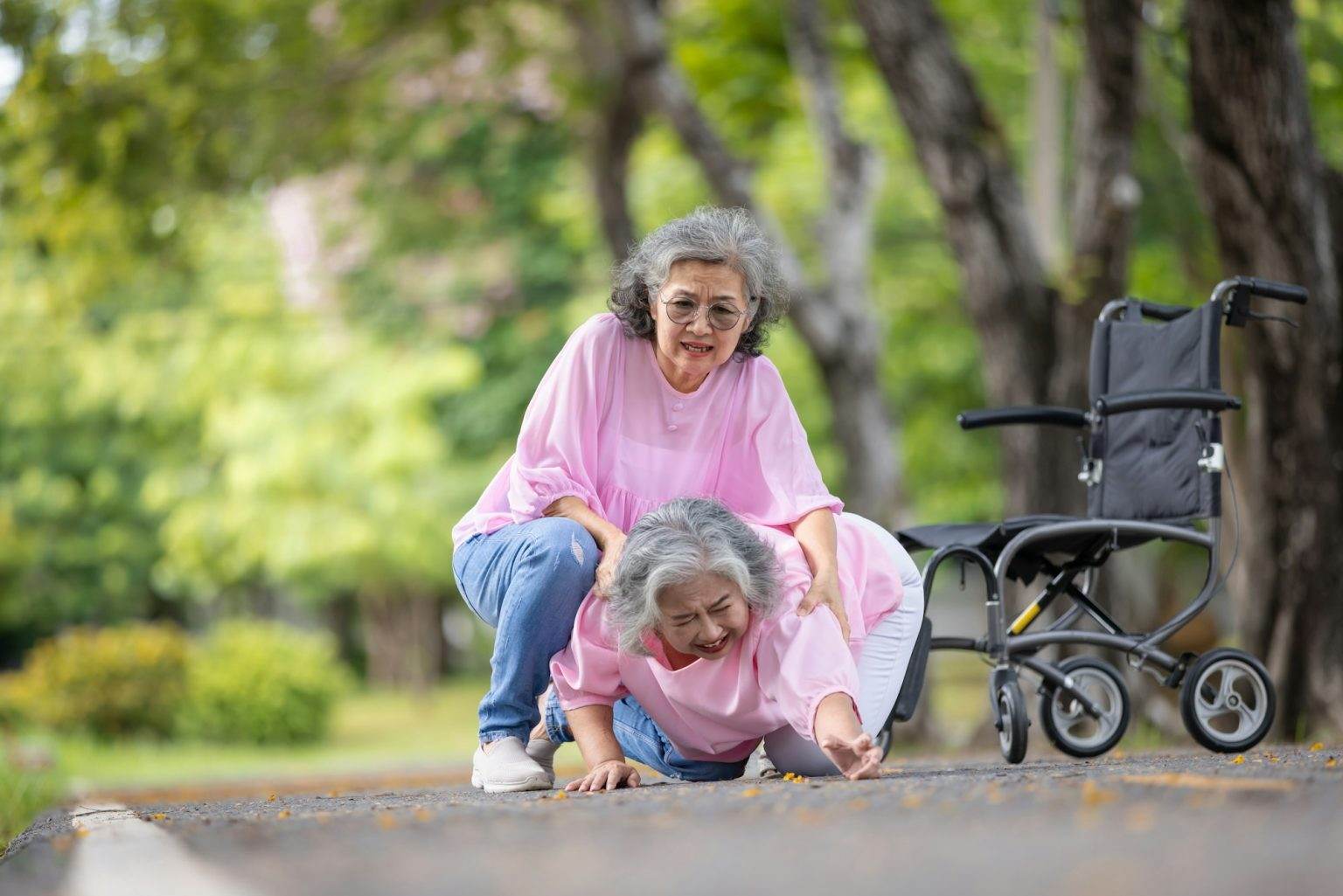Comment aider une personne âgée ou vulnérable à se relever après une chute ? Elderly Woman Falls from Wheelchair and is Helped by a Friend in a Park