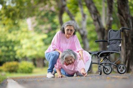 Elderly Woman Falls from Wheelchair and is Helped by a Friend in a Park