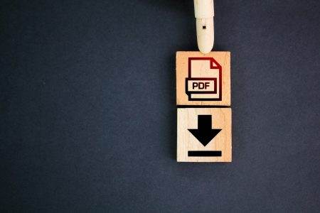wooden square with PDF format file icon and download.