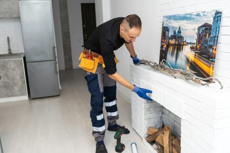 Service technician repairing a fireplace in a home