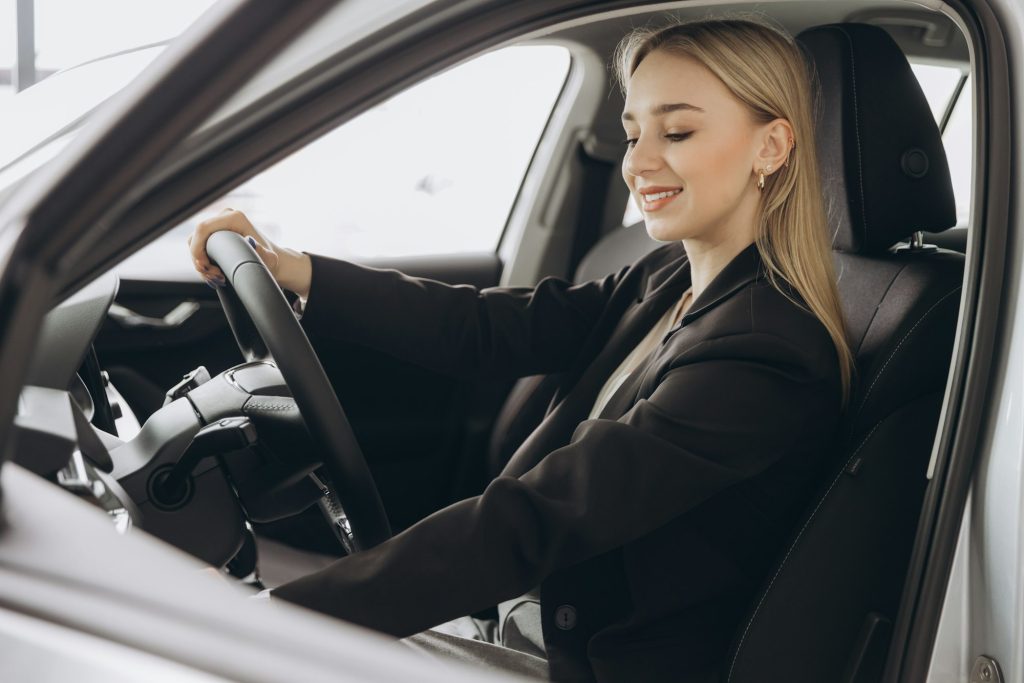 Concept of modern automobile technologies, test drive, and insurance.