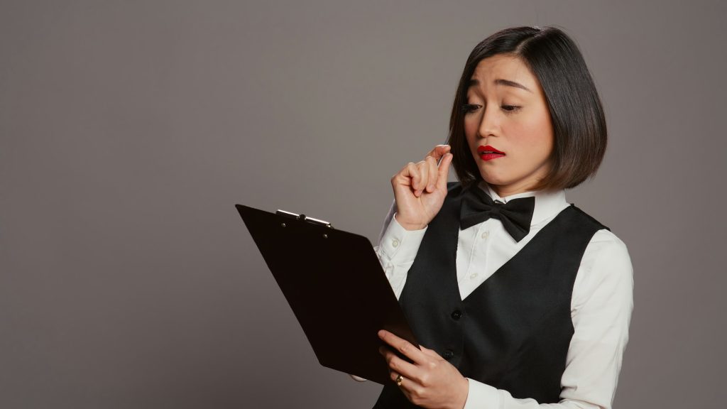 Hospitality industry worker making a list of reservations at hotel