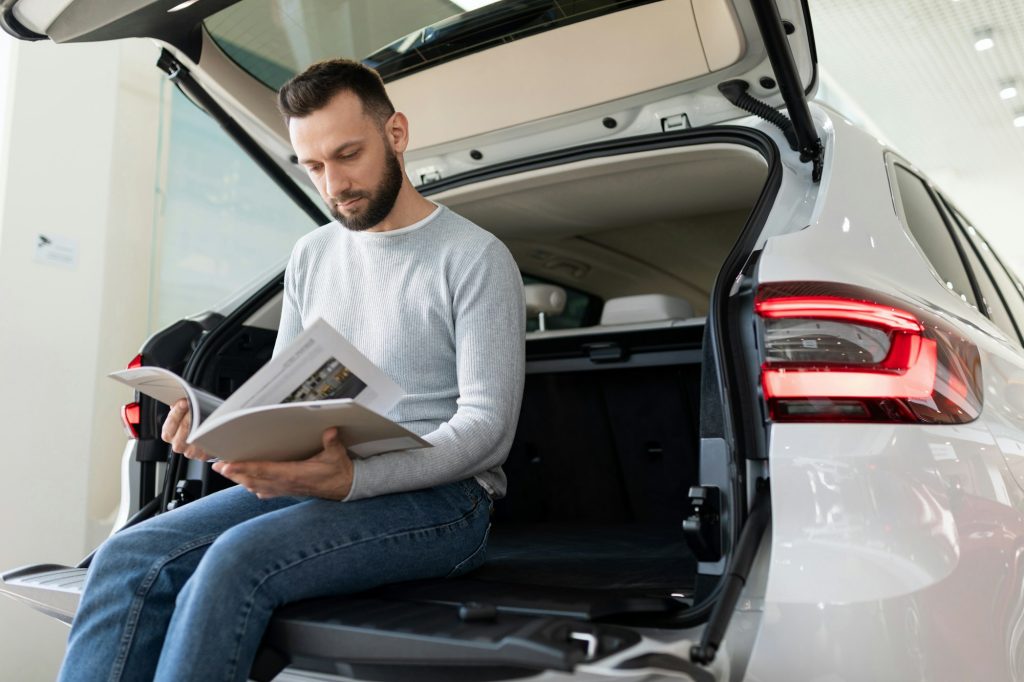 middle-aged man examines the offer of an insurance company for car insurance