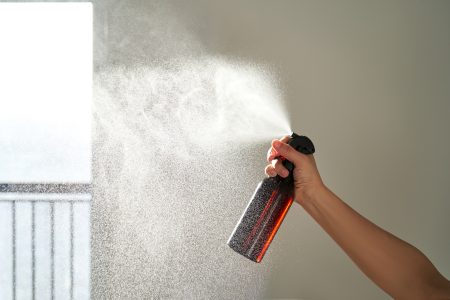 A woman's hand sprays an air freshener in a room.