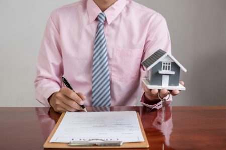 Agents working in real estate investment and lease contracts, contract home insurance home purchase