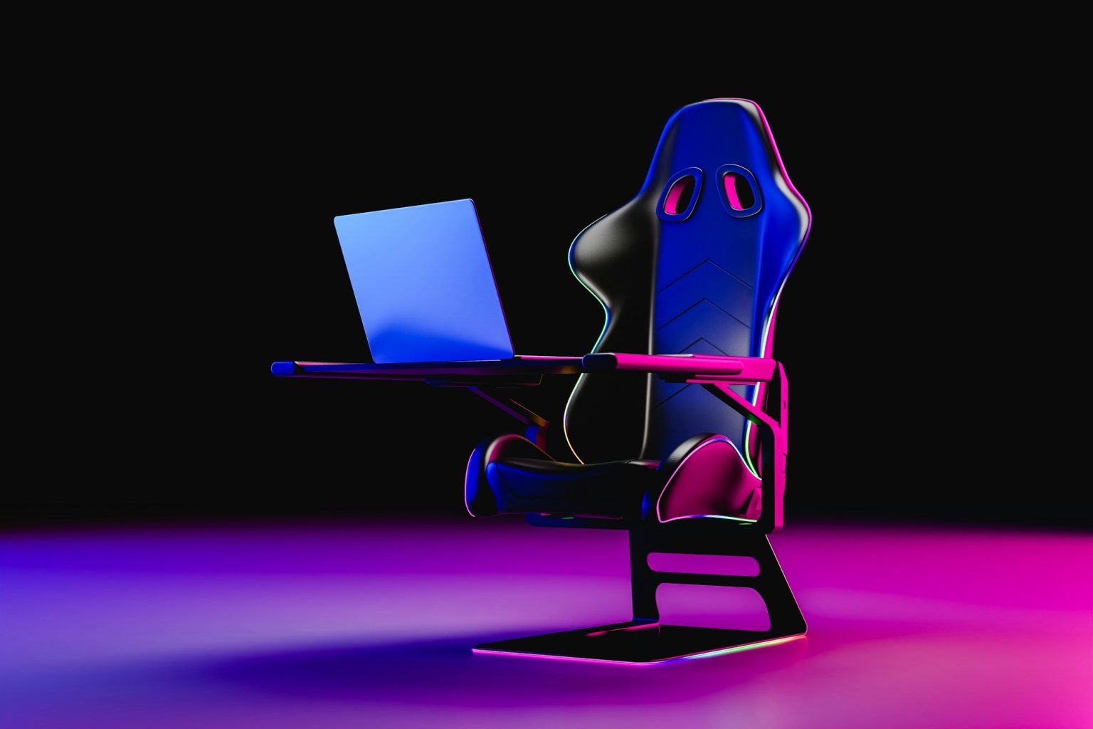 Gaming chair with modern laptop. 3d render