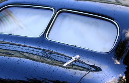 Rear windscreen view of the vintage car