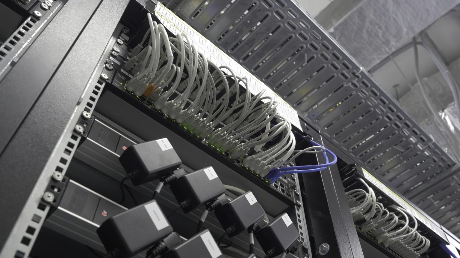 Storage servers are located in the server room of the data center. Back of the server installed in