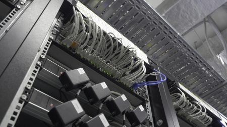 Storage servers are located in the server room of the data center. Back of the server installed in