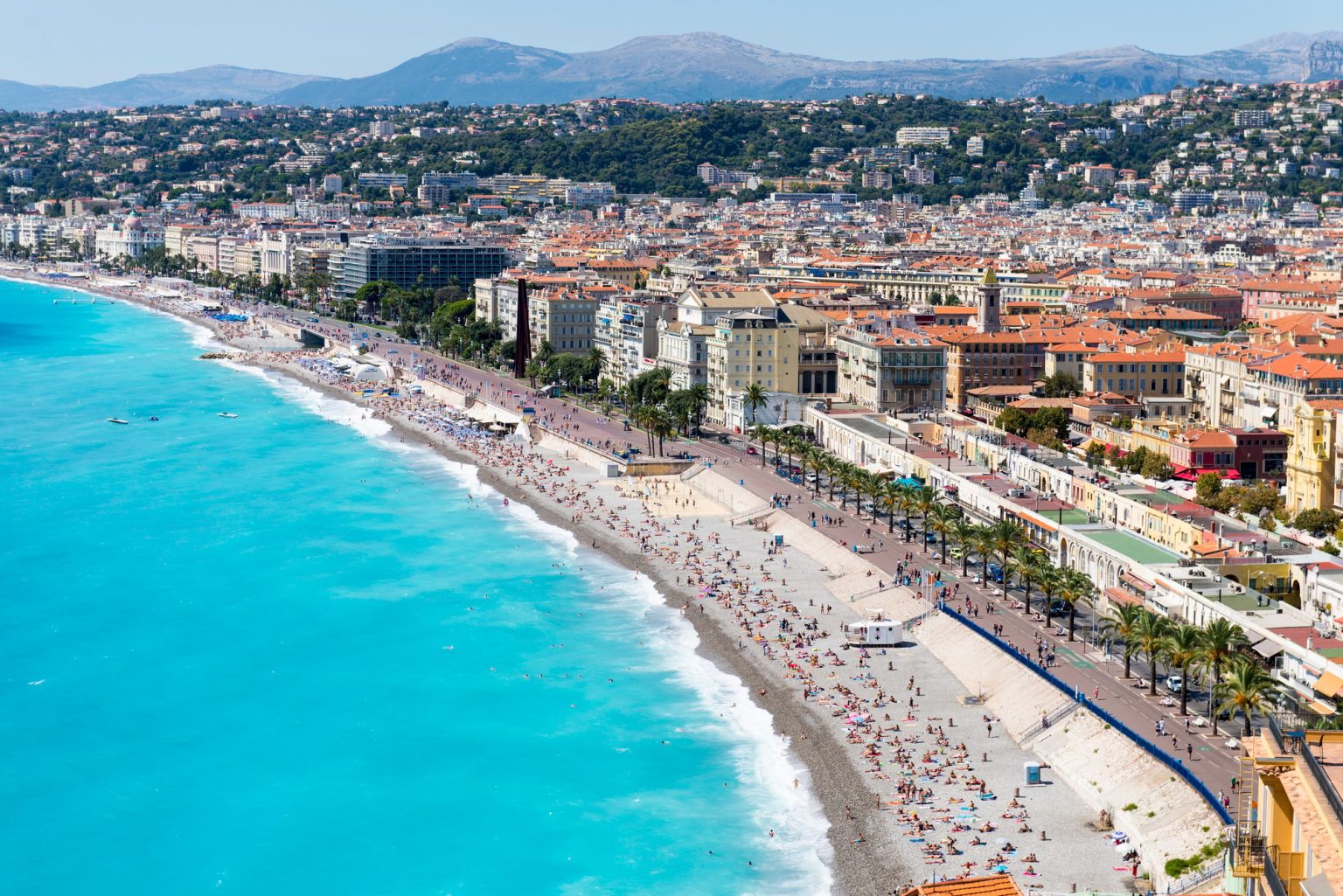 Cityscape view with coastline and beach, Nice, Cote d'Azur, France