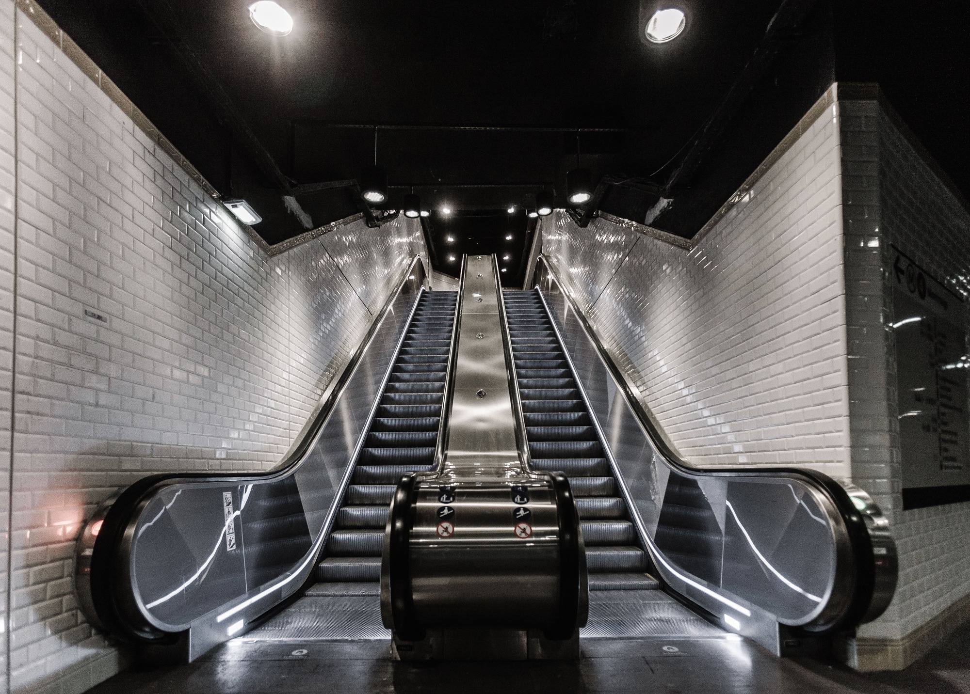 Escalators in a metro station in Paris during lockdown