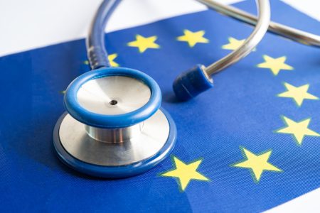 Stethoscope on EU flag background, Business and finance concept.