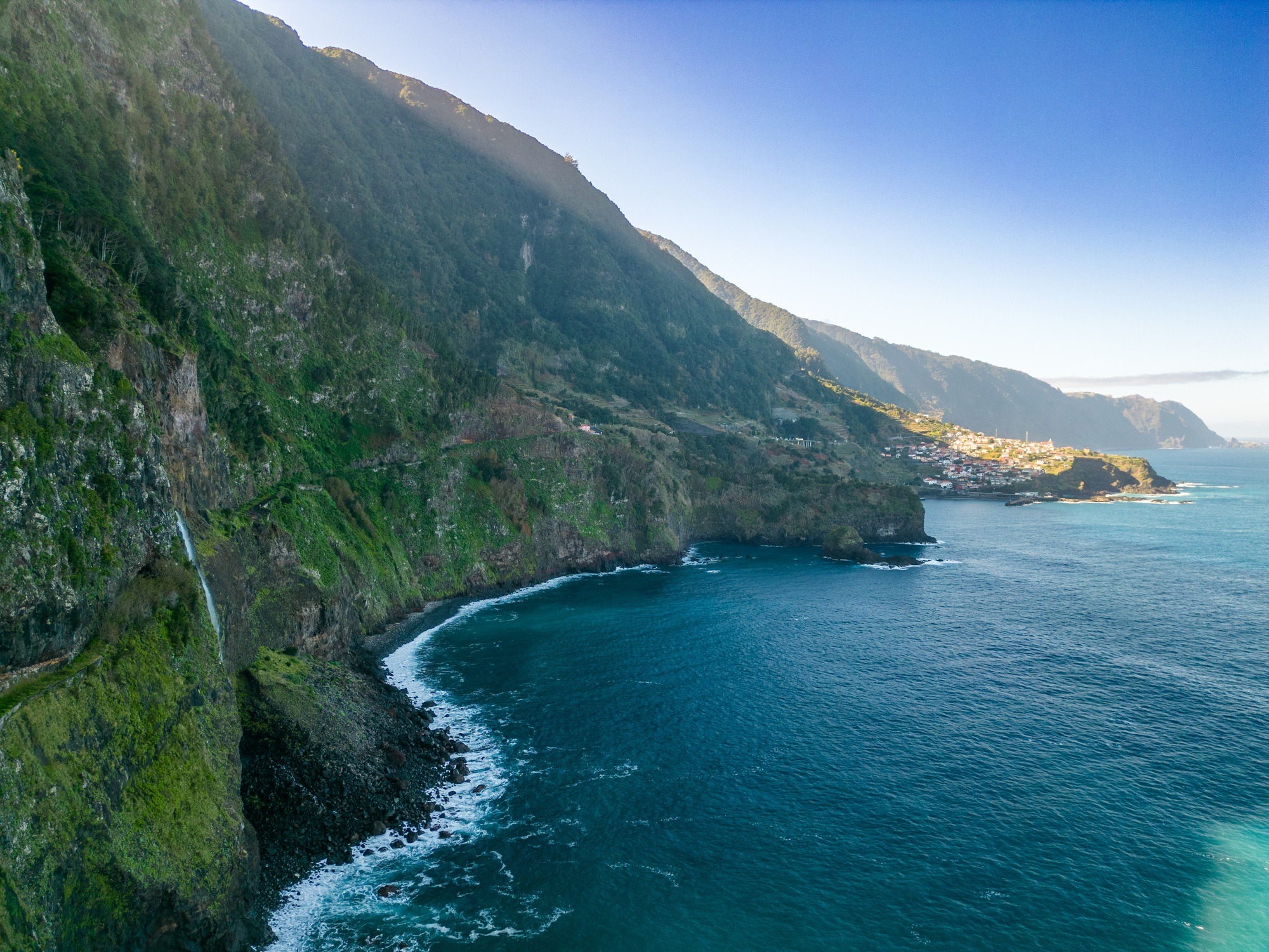 Stunning coastal landscape, featuring cliffs and tranquil blue waters. Madeira, Portugal