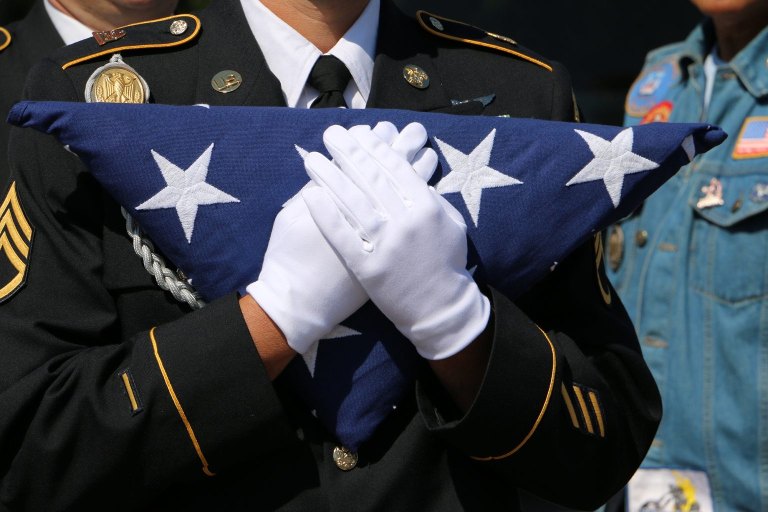 Minimalist image of military personnel carrying folded American flag to a Gold Star family member.