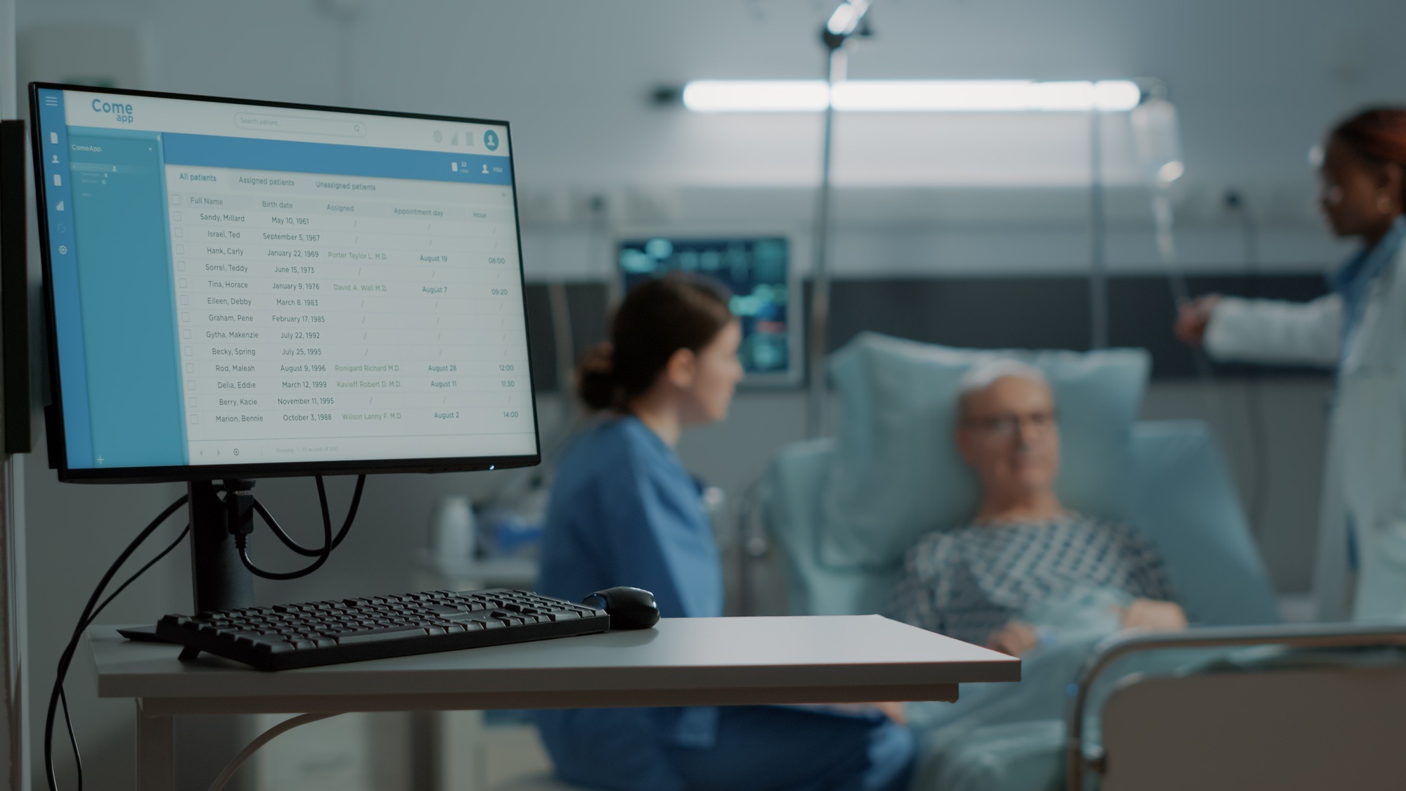 Nurse comforting sick patient in hospital ward bed