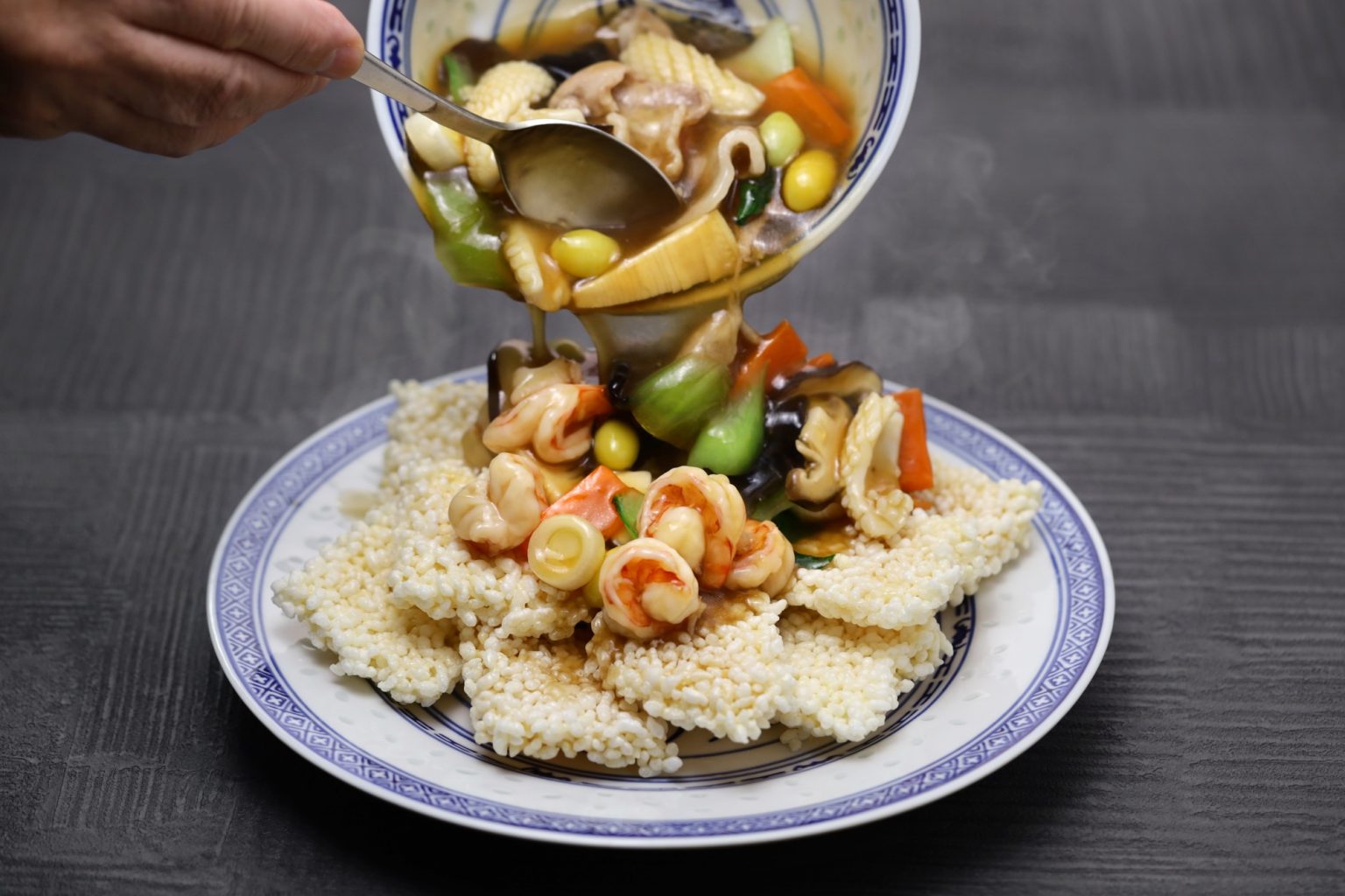 Chinese crispy or sizzling rice with thickened sauce, seafood, and vegetables.