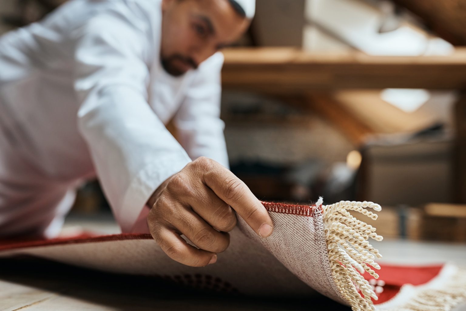 Close-up of Middle Eastern man preparing a prayer mat for daily prayer at home.