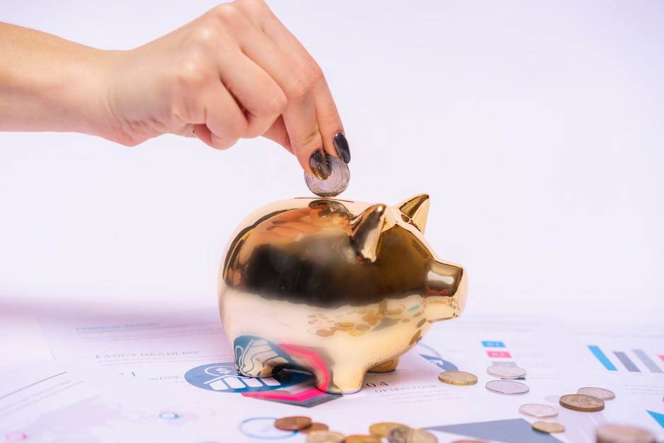 Young person saving money into a piggy bank with coins and banknotes