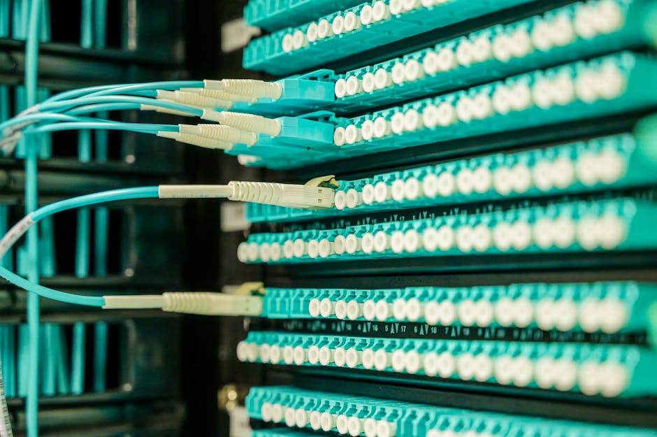 Fiber optic network cables in a modern telecom data center