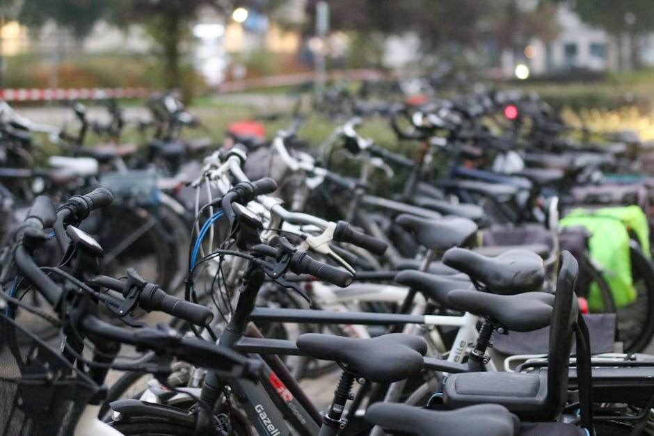 Locked bicycle in a city with a U-lock
