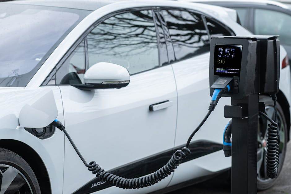 Electric car charging on a motorway rest area