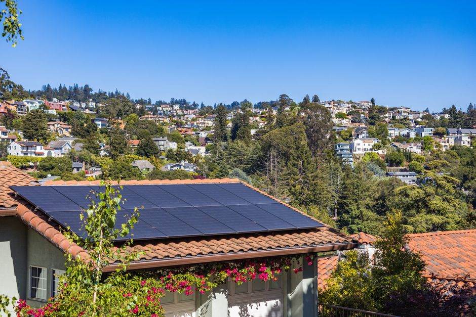 Solar panels and bright summer daylight