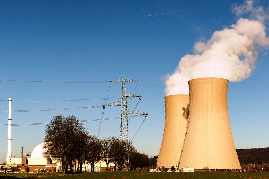 Industrial nuclear plant with cooling towers and infrastructure