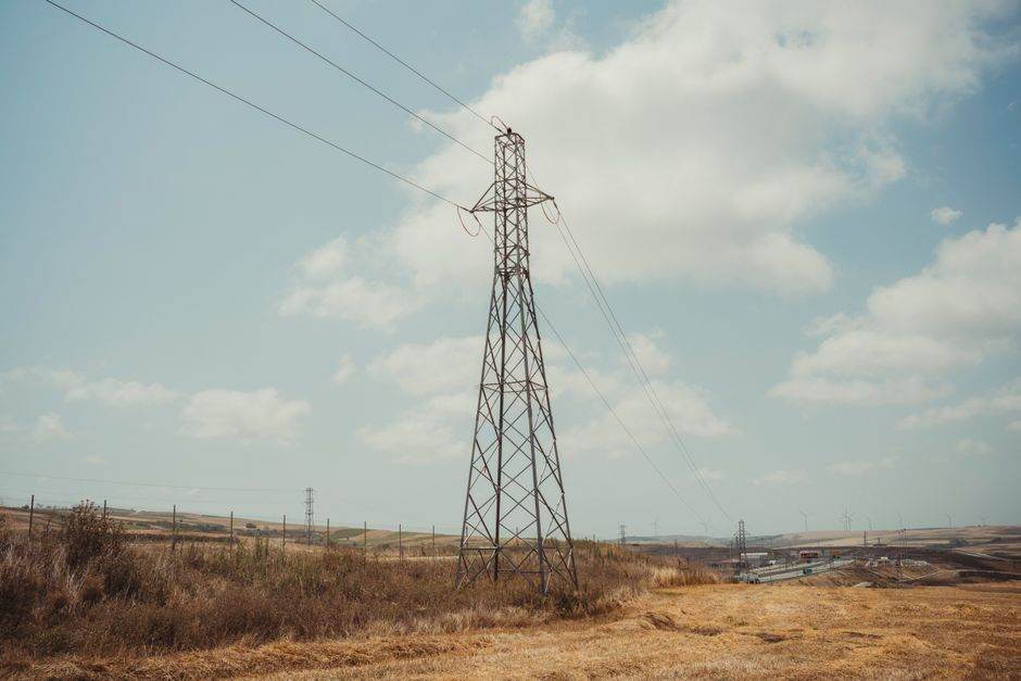 Electricity distribution network and power lines in a rural French area