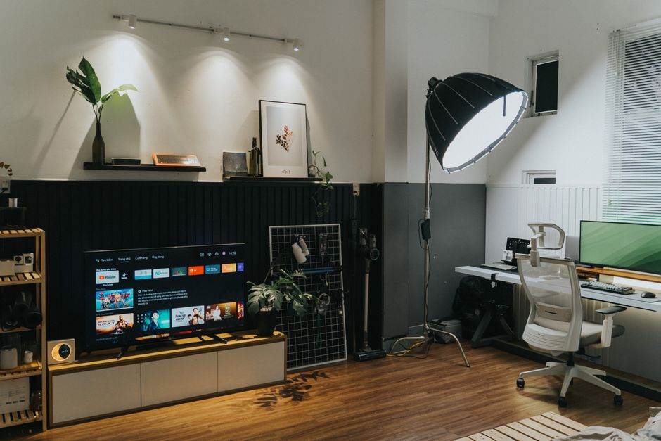 Modern living room with television and internet box setup
