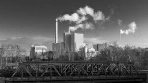 Monochrome view of a power plant and industrial facility in Hamburg, Germany.