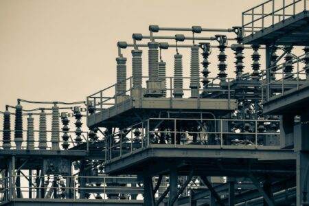 Detailed view of an industrial power station structure in New York City.