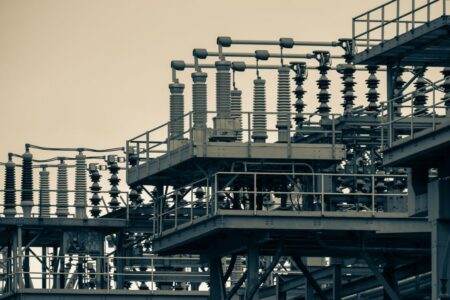 Detailed view of an industrial power station structure in New York City.