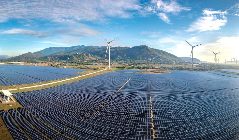 Wind turbines and solar panels in a renewable energy landscape