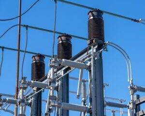 Detailed view of electrical components in a power substation under a clear blue sky.