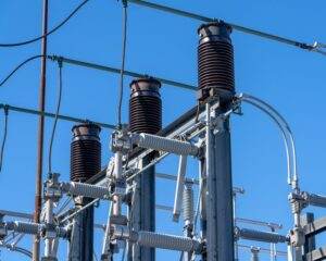 Prise connectée à 10 € : gadget ou vrai levier d’économies d’énergie en 2026 ? Detailed view of electrical components in a power substation under a clear blue sky.