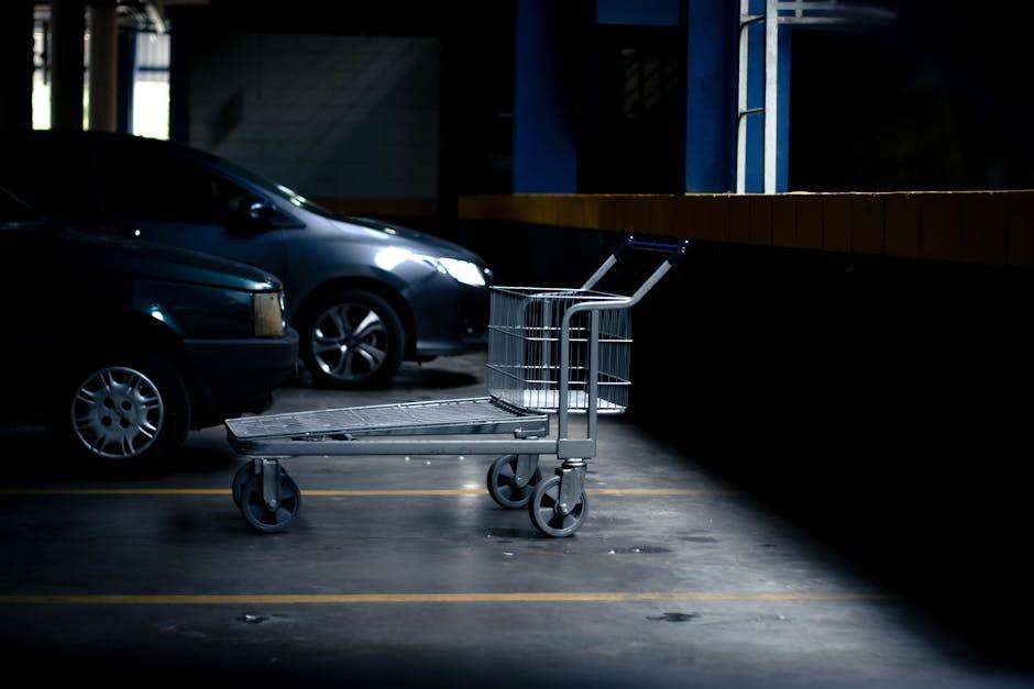 Self-storage warehouse with rows of private storage units and a moving trolley