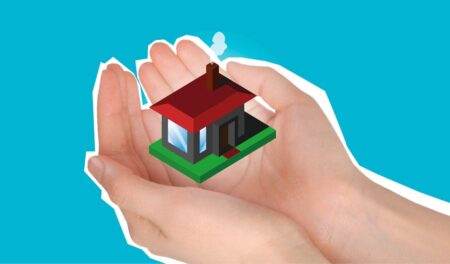 Calcul tarif assurance auto 2026, les chiffres qui expliquent votre prime Cutout paper composition with house in handful showing concept of buying private apartment against blue background