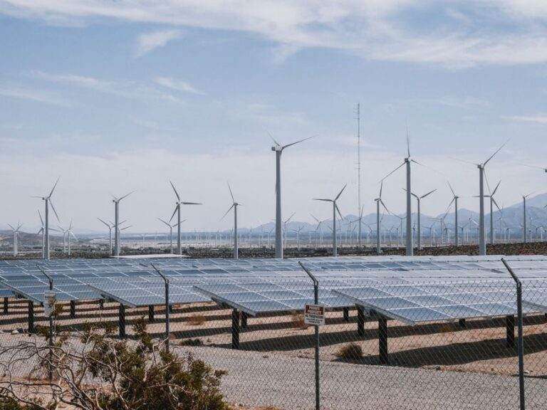 Nucléaire français et renouvelables allemandes : l’écart se resserre en juillet 2026 A renewable energy farm with wind turbines and solar panels under a clear sky.