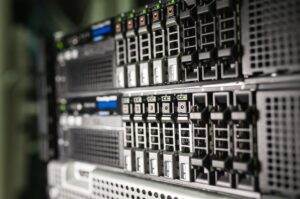 Close-up of server equipment in a modern data center highlighting technology infrastructure.