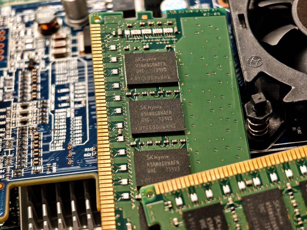 Detailed close-up of computer RAM and circuit board components.