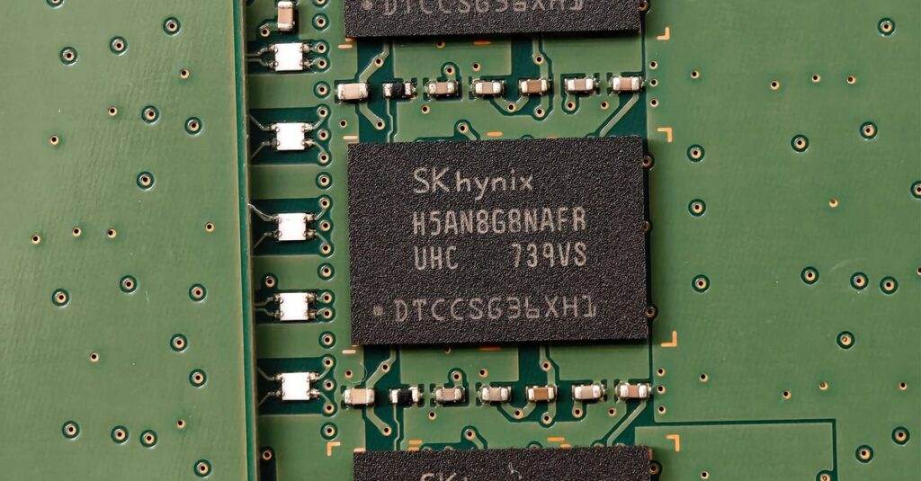 RAMpocalypse : DRAM/HBM déjà réservées pour 2027, la pénurie de RAM pourrait faire grimper vos achats Detailed view of SK hynix DRAM chips on a green circuit board featuring electronic components.