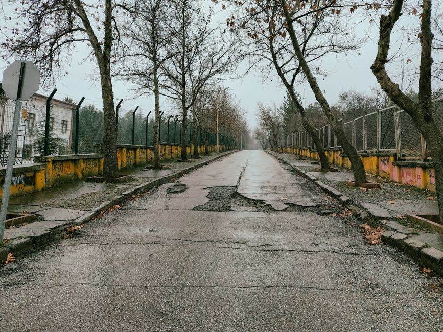 Catastrophes : pourquoi la réponse se prépare avant l’alerte Deteriorated asphalt road in Elazığ, Türkiye, surrounded by winter trees and fencing.