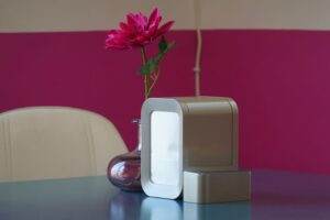 Elegant interior setting featuring a sleek air purifier and vibrant pink flower in a vase on a table.
