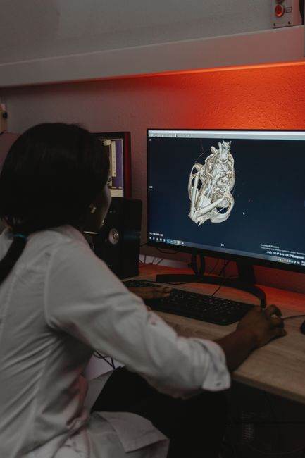 A medical professional examines a 3D scan on a computer monitor in a clinical setting.